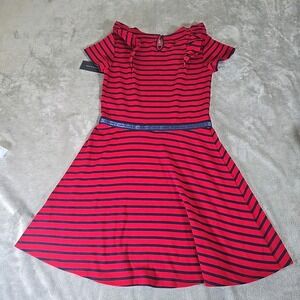 Tommy Hilfiger Girls Dress XL 16 Blue/Red Stripe Flutter Shoulder Preppy Classic